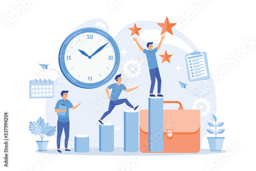Businessman sets goals and runs up on graph columns for success on time. Self-management, self regulation learning, self-organization course concept, flat vector modern illustration
