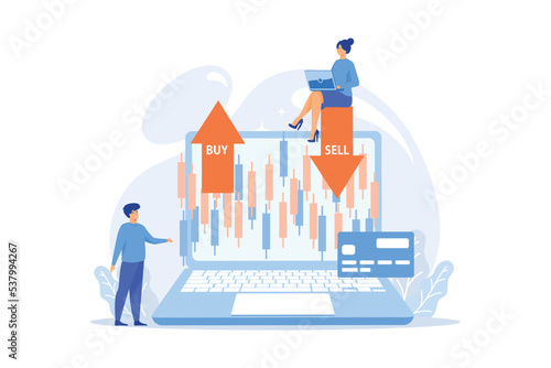Tiny people stock traders at laptop with graph chart buy and sell shares. Stock market index, stockbroking company, stock exchange data concept, flat vector modern illustration
