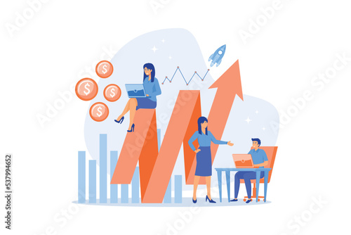 Sales managers with laptops and growth chart. Sales growth and manager, accounting, sales promotion and operations concept on white background, flat vector modern illustration