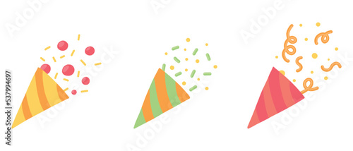Set of popper confetti. confetti isolated, explosion, fireworks, holiday. vector drawing. hand drawn style. Cartoon style.