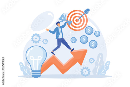 Businessman with trophy running and rising arrow. Business mission, mission statement, business goals and philosophies concept on white background, flat vector modern illustration
