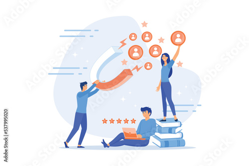 Customer feedbacks analyzing, likes farming. Lead generation. Satisfaction and loyalty analysis, customer retention increasing, marketing tools concept, flat vector modern illustration