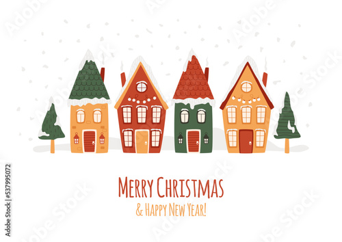 Winter village, cozy houses, fir trees, snowfall. Merry Christmas and Happy New Year text. Bright fairy huts on white background. Vector illustration. Greeting banner, card. Cute festive city scene.