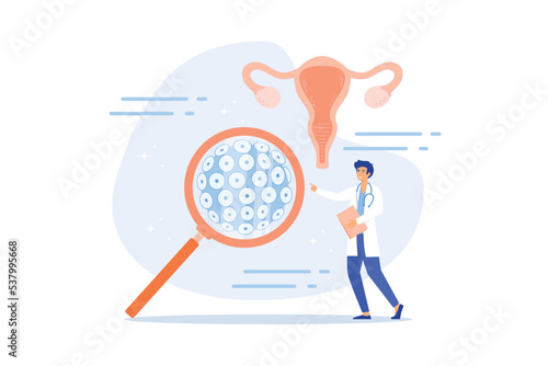 Doctor diagnosis HPV virus. Cervical cancer early diagnostics and checkup. Scientist analyzing infected cells. HPV vaccination for reduce virus infection risk or oncology, flat vector modern illustrat