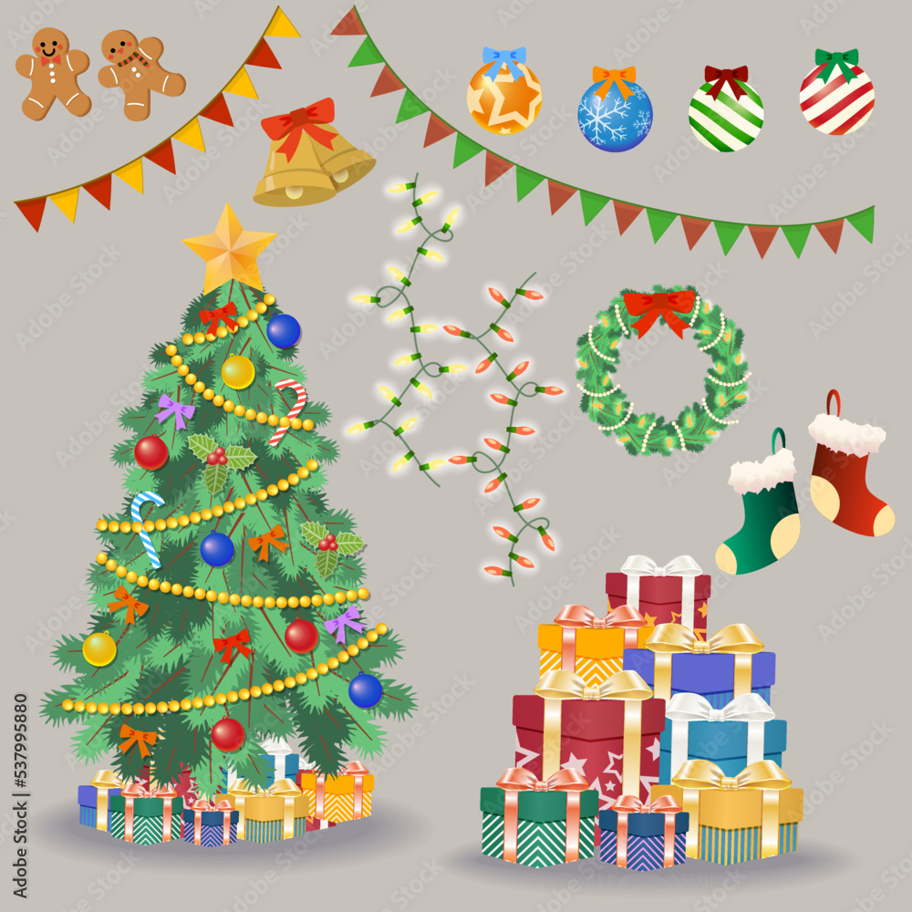 Christmas decorations with Christmas trees, gift piles, bunting, hangings and more