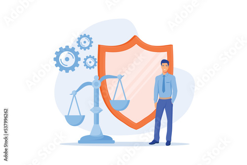 Honesty as moral value concept. Man stands next to large shield and hold scale in his hand. Justice and balance. Character with humane principles, flat vector modern illustration