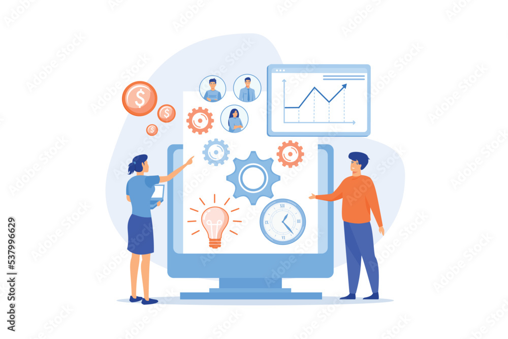 IT managers integrate technologies into business operations. Enterprise IT management, IT software solutions, enterprise architecture concept, flat vector modern illustration IT managers integrate technologies into business operations. Enterprise IT management, IT software solutions, enterprise architecture concept, flat vector modern illustration