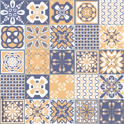 Azulejo talavera ceramic tile spanish portuguese pattern, purple white traditional retro background, vector illustration