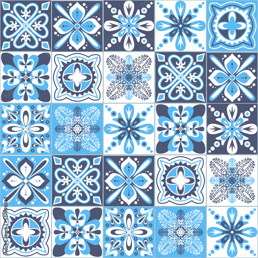 Azulejo talavera blue white ceramic tile pattern, vector illustration for design