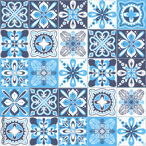 Azulejo talavera blue white ceramic tile pattern, vector illustration for design