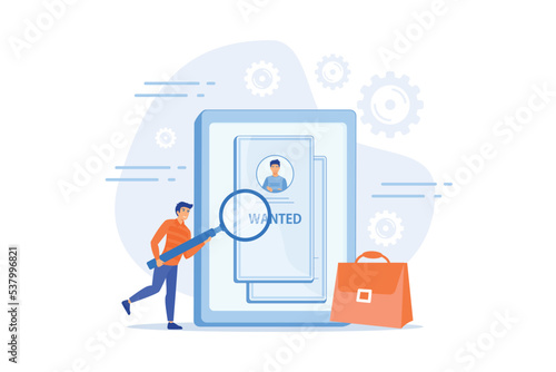 we are hiring, searching for employees for vacant place. find job. HR department reviews resumes of job applicants, flat vector modern illustration