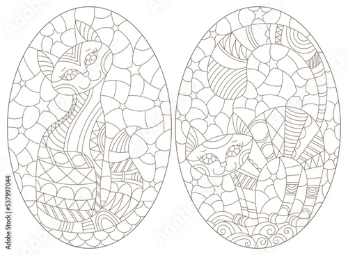 Illustration in the style of a stained glass window with cartoon cats, dark outlines on a white background