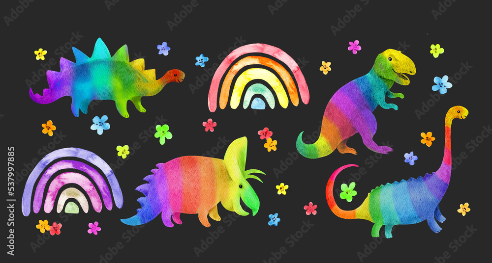 Rainbows dinosaurs set. Beautiful dino, flowers. rainbows for children design. Watercolor childish prehistory collection, kids bundle. Naive cute pterosaur, stegosaurus, t rex