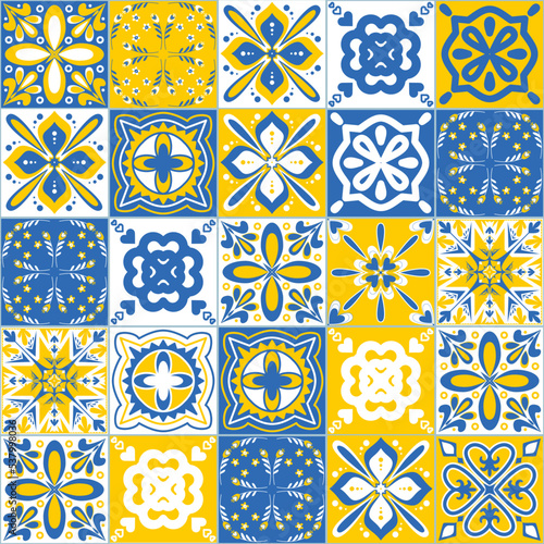 Vector pattern ceramic tiles in Portuguese Azulejo style, contrast blue yellow vector illustration
