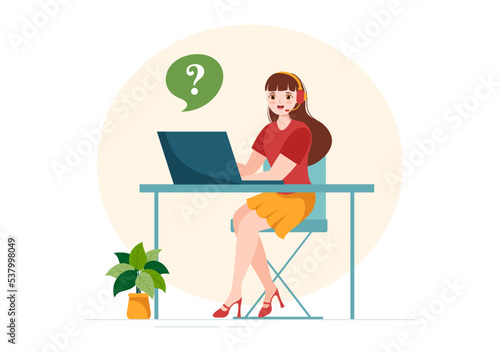Call Center Agent of Customer Service or Hotline Operator with Headsets and Computers in Flat Cartoon Hand Drawn Templates Illustration