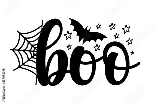Boo - calligraphy design woth spider web and bat silhouette and stars. Good for T shirt print, poster, card, label, and other decoration for Halloween.