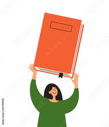 Funny cartoon girl lying down reading book or magazine. Young woman lies on her back reads literature. Female character in relaxing pose with book in hand. Leisure activity, rest vector illustration