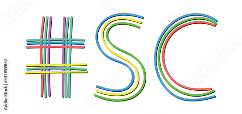 SC Hashtag. Isolate doodle lettering text from multi-colored curved neon lines like from a felt-tip pen, pensil. #SC is abbreviation for the US America South Carolina for banner, social network, t-shi