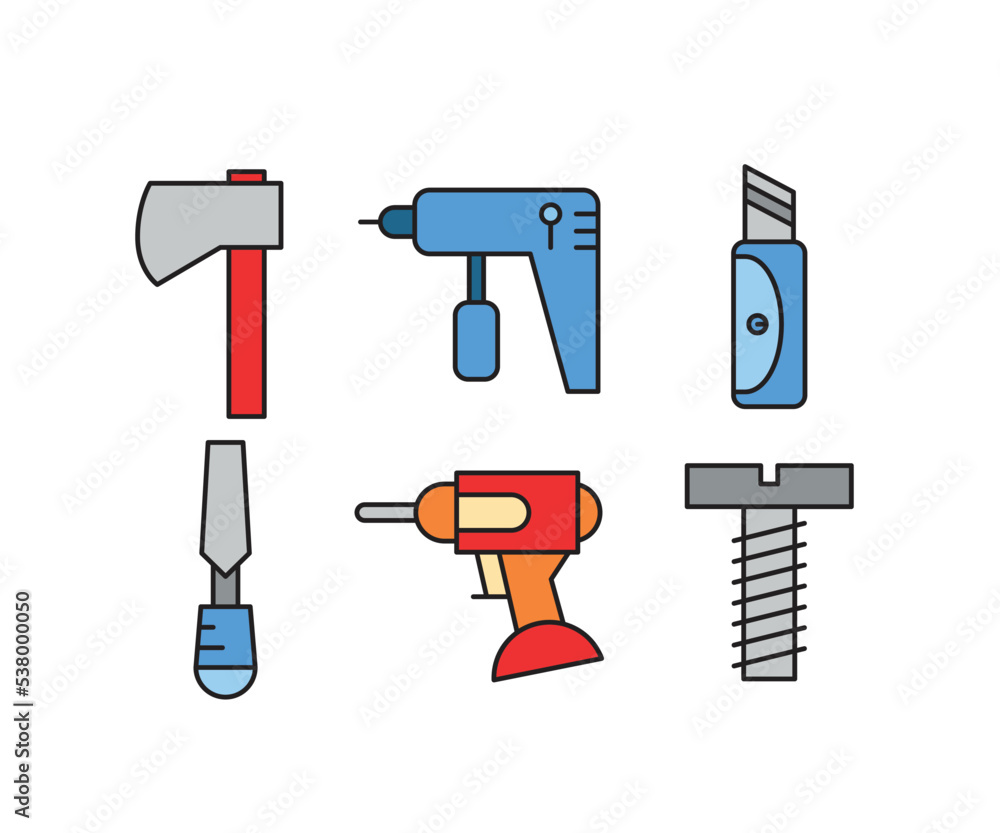 electric drill, rasp, cutter and axe icons set