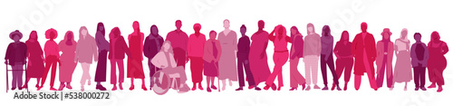 Women of different ethnicities stand side by side together. Flat vector illustration. 