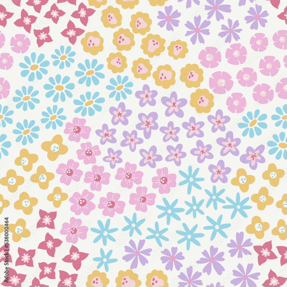 Vector floral seamless pattern. Cute little wild flowers in pastel colors. Beautiful spring floral repeat background. Floral print design for textiles, wrapping paper, gift paper, fabric.
