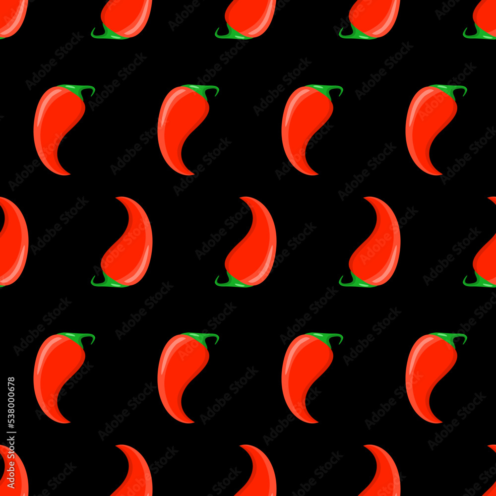 Red hot chili pepper on black background, contrasting seamless pattern for textile and design Red hot chili pepper on black background, contrasting seamless pattern for textile and design