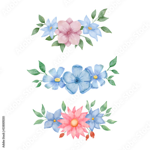 Watercolor flowers isolated on white background. Floral bunch with hand drawn leaves and flowers . Simple stylized floral border painting set