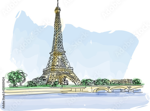 Paris Eiffel Tower and famous river Seine in Paris, France. Vector illustration for travel magazine, social media, poster, calendar