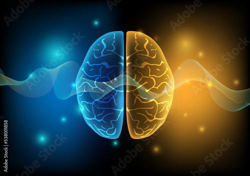 Illustration of human brain and brain waves on technology background.