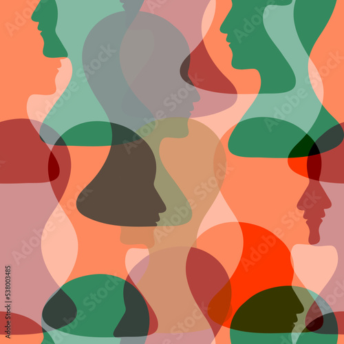Seamless pattern of a crowd of many different people profile heads. Vector background.