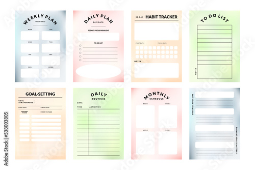 Printable Vector Notepad Template Collection with Daily Planner, Weekly Planner, Monthly Planner, Yearly Planner, Habit Tracker for Journaling with Gradient Background