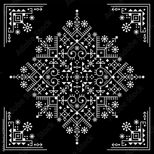 Tribal or neotribal line art vector mandala pattern with corners geometric ornamental design inspired by old Nordic Viking rune art in white on black background

