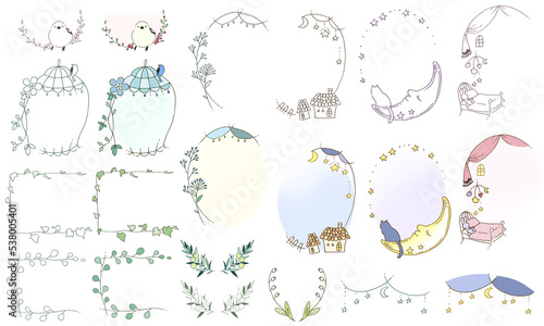 手描き線画のメルヘンなフレームセット（グリーン、鳥、月、星、猫、家、部屋）