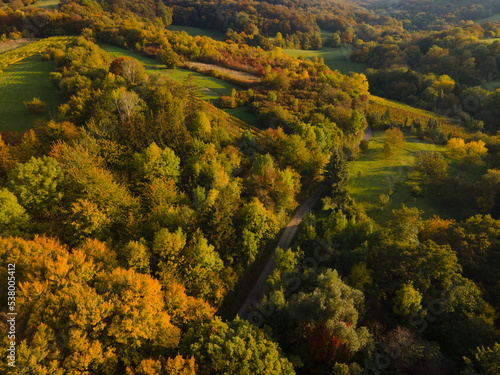 drone flight over colorful autumn landscape in october in lower austria near vienna forest © epiximages