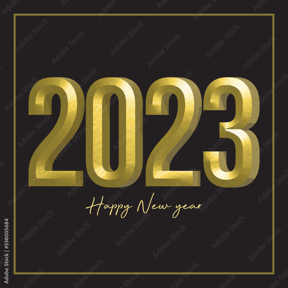 Happy new year 2023 greeting card design with golden date on black background Happy new year 2023 greeting card design with golden date on black background
