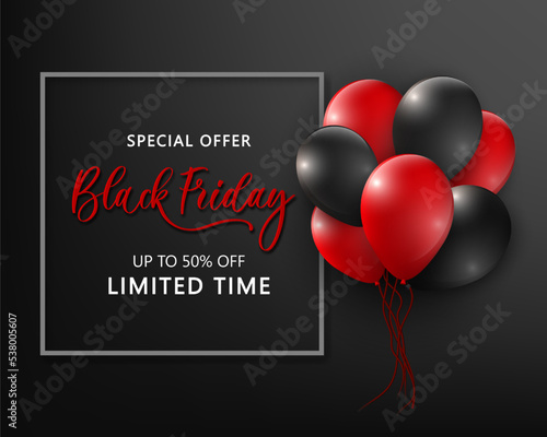 Black Friday sale typographic design. 3d stylized red color letters with glossy balloons. White background. Vector illustration.