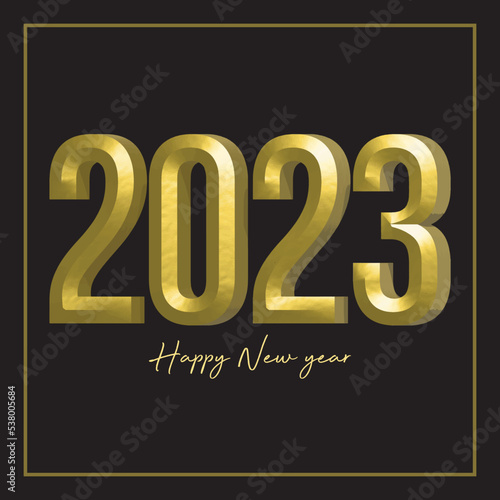 Happy new year 2023 greeting card design with golden date on black background