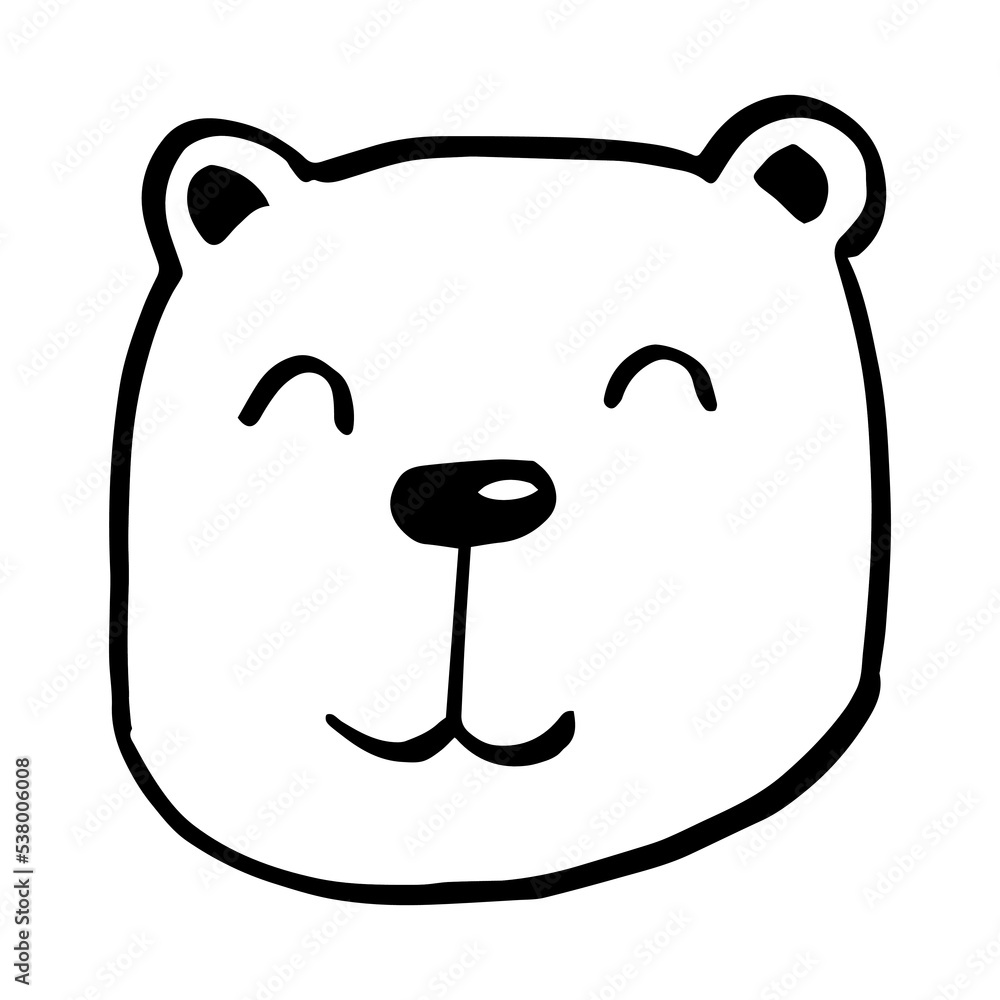 Vector black outline flat cartoon doodle bear face isolated on white background Vector black outline flat cartoon doodle bear face isolated on white background