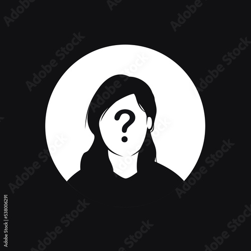 Female profile with question icon. Unknown person. Vector illustration