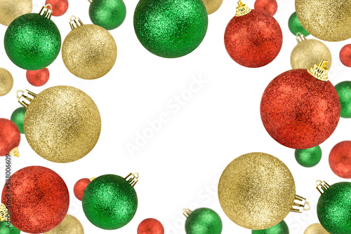 Levitation of Christmas balls isolated on white background.