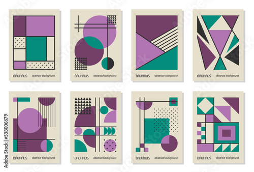 Set of 8 minimal vintage 20s geometric design posters, wall art, template, layout with primitive shapes elements. Bauhaus retro pattern background, vector abstract circle, triangle and square line art