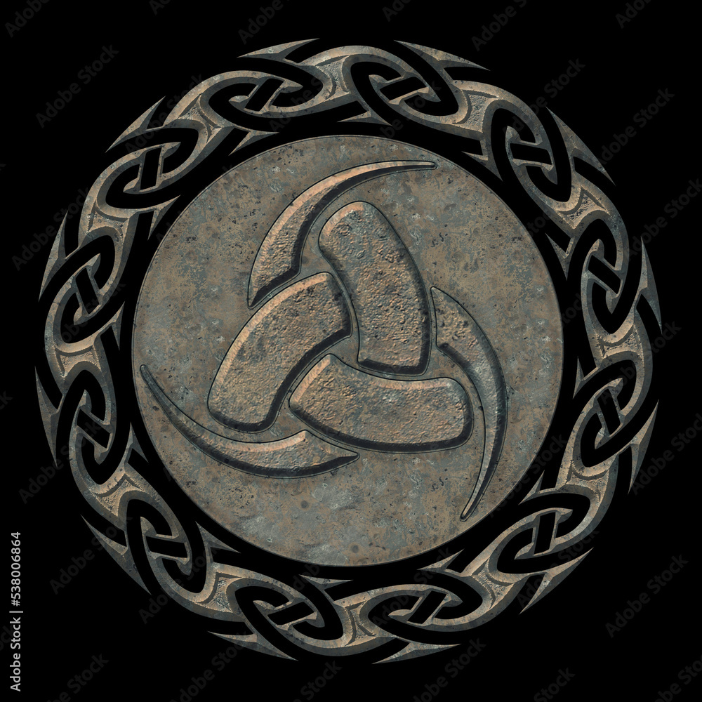 Triple Horn of Odin, Norse mythology, viking symbol, celtic knot,  illustration, metal effect, isolated, black background Stock Illustration |  Adobe Stock