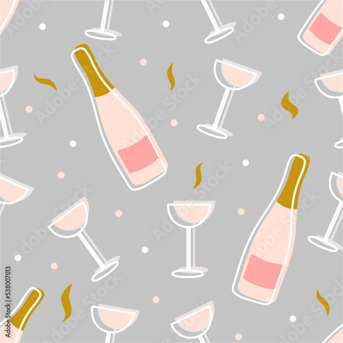 Rose wine seamless vector pattern. Party, New Year