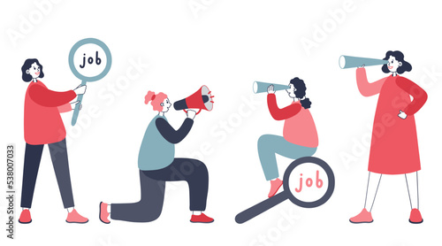 Different people looking through binoculars, finding a job. Flat vector illustration isolated on white background