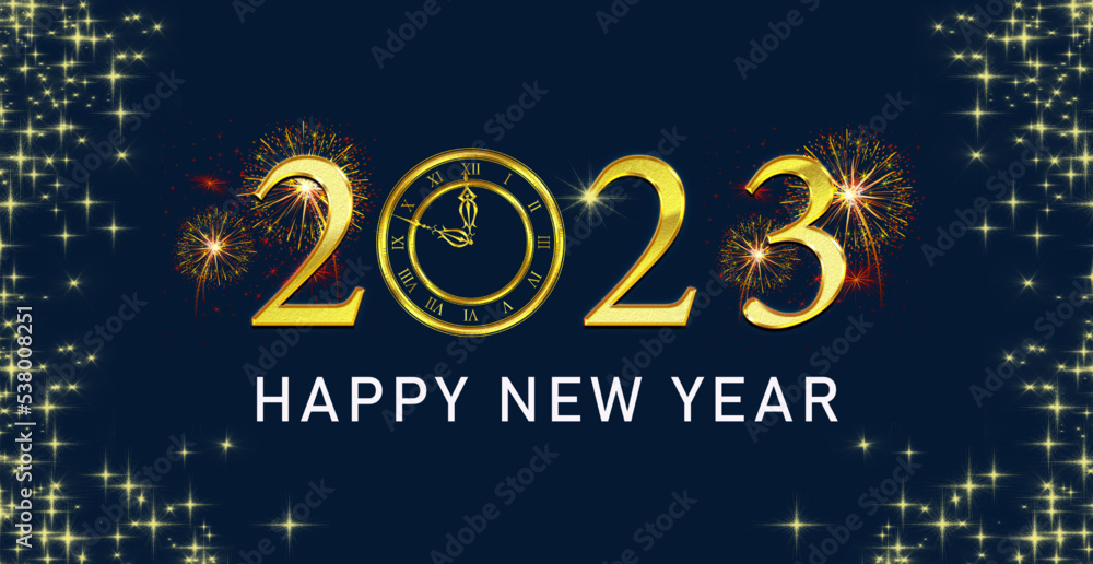 Happy new year 2023 Elegant golden text with fireworks, clock, light and blue background
