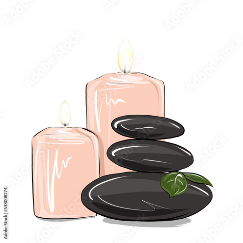 Illustration of two light pink peach aroma candles with black spa stones. Salon  massage  healthcare  relax.