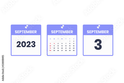 September calendar design. September 3 2023 calendar icon for schedule, appointment, important date concept
