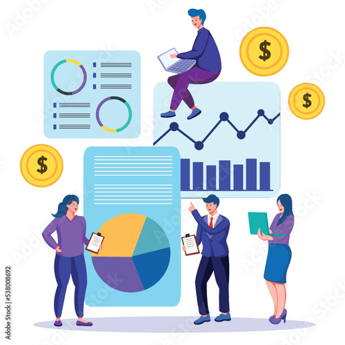 Filling tax documents for calculation. Characters preparing graph charts. Accounting concept on a cartoon vector illustration