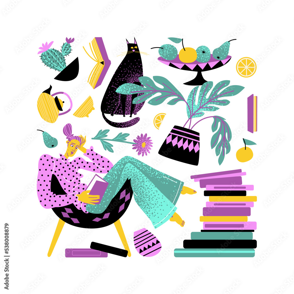 A cute girl spends time at home with a book, a cat and tea. Reading lover. Lifestyle illustration with cartoon character