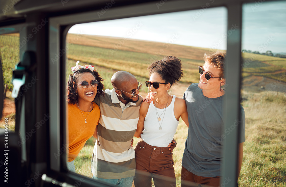 Fototapeta premium Friends, group and happy on road trip by car in nature by hill in summer. Diversity, man and women with sunglasses on travel, vacation or holiday together by farm, agriculture or rural land in Dublin